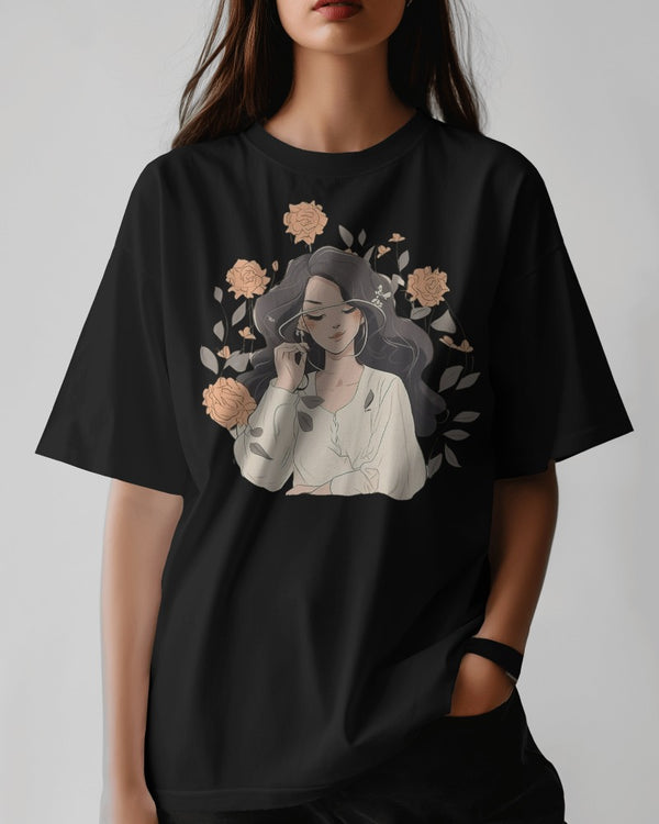 Oversized T-shirt for women's with a print of beautiful girl on it.